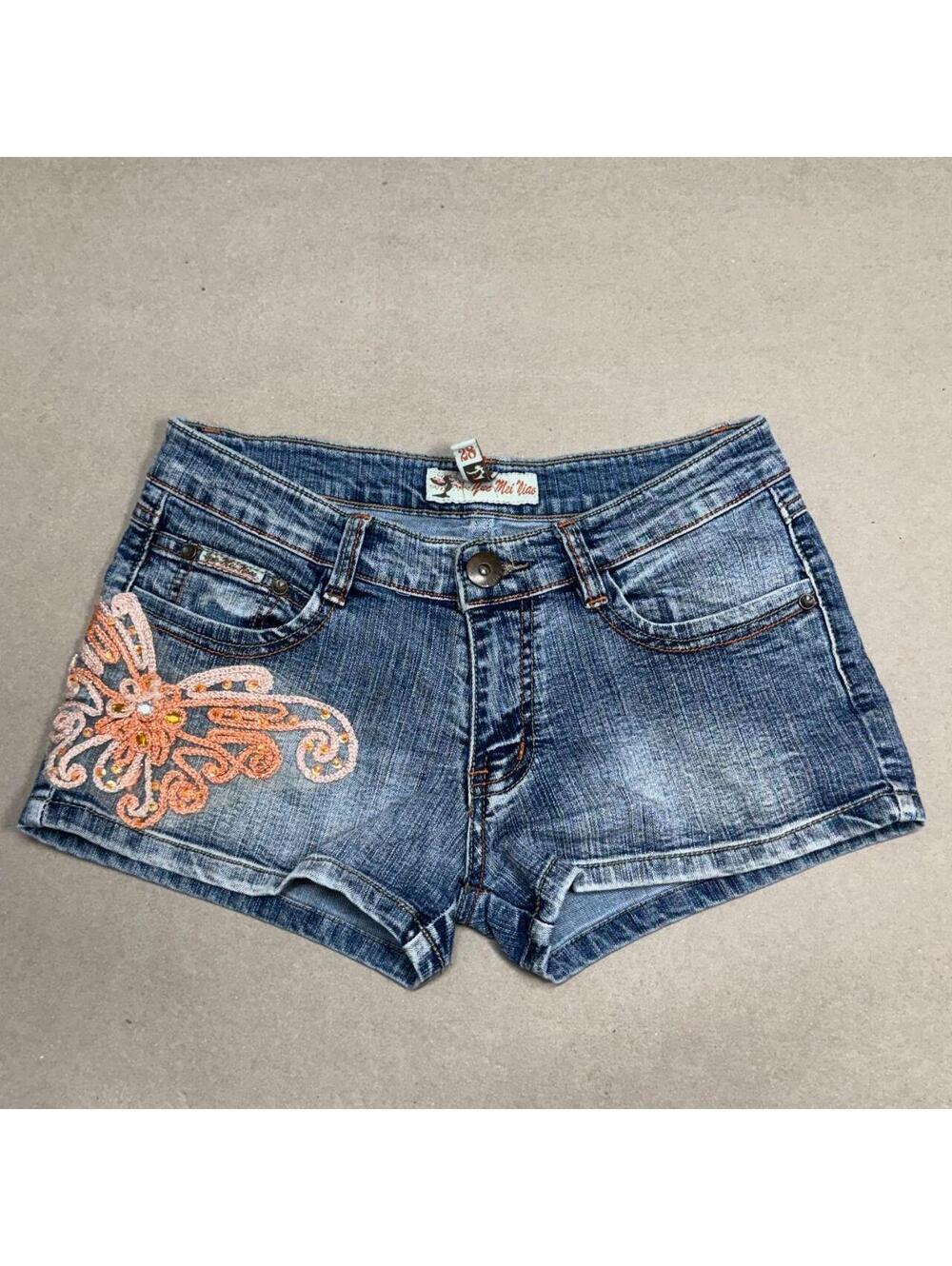 Vintage Y2K Low Rise Denim Micro Shorts Faded Butterfly